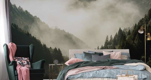 Fototapete WALD IM NEBEL Bäume Natur 3D Grün - Fleece - 135 x 90 x 90 cm