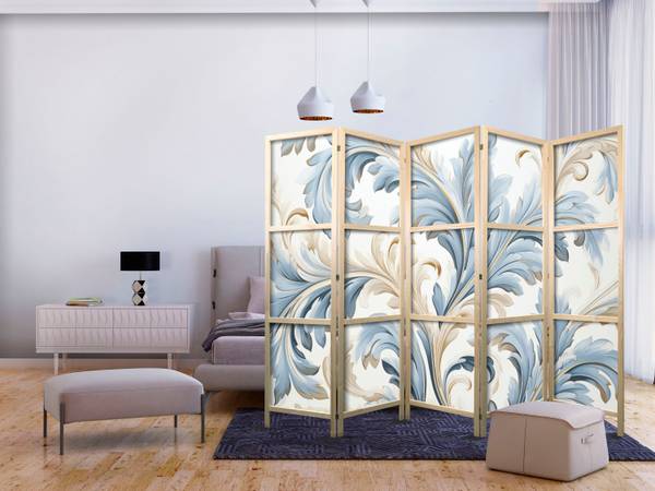 Paravent Ornament Natur 5-tlg Beige - Blau - Grau - Weiß - Holzwerkstoff - Textil - 225 x 172 x 3 cm