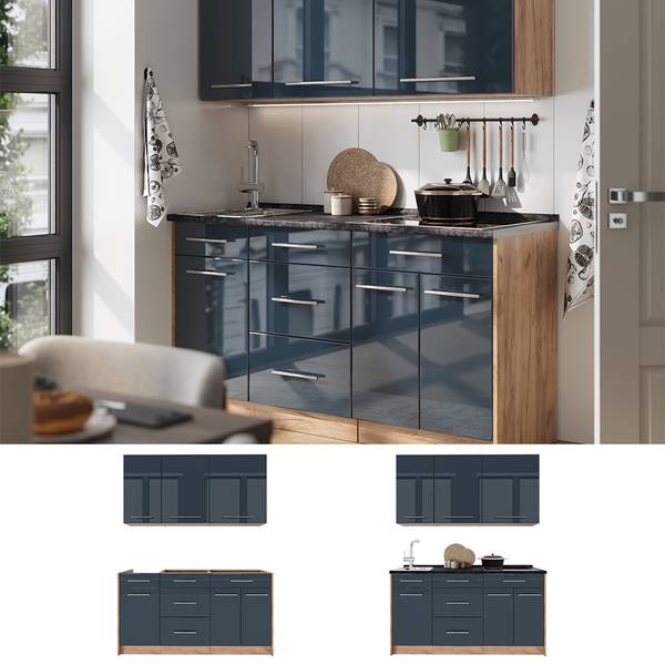 Singleküche Fame-Line 65762 Blau - Braun - Stahl - 150 x 82 x 60 cm