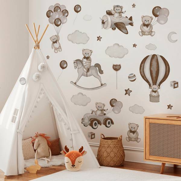 29‑er Set Aufkleber Bären Ballons Wolken Beige - Braun - Grau - PVC - 120 x 60 x 60 cm