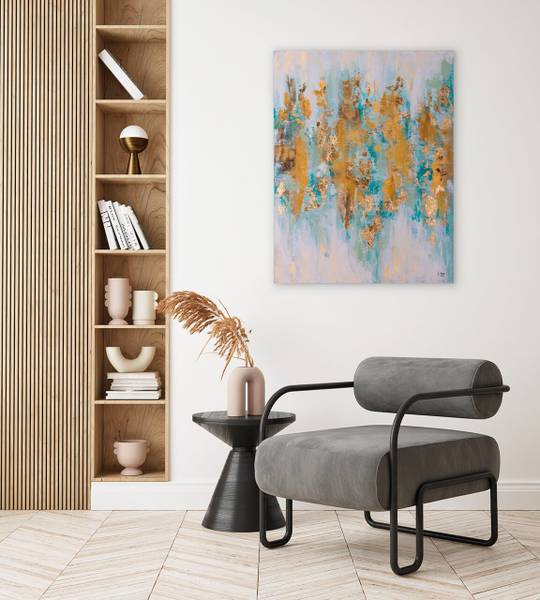 Acrylbild Handgemalt Nonfigurativ Gay Beige - Türkis - Baumwollstoff - 75 x 100 x 4 cm