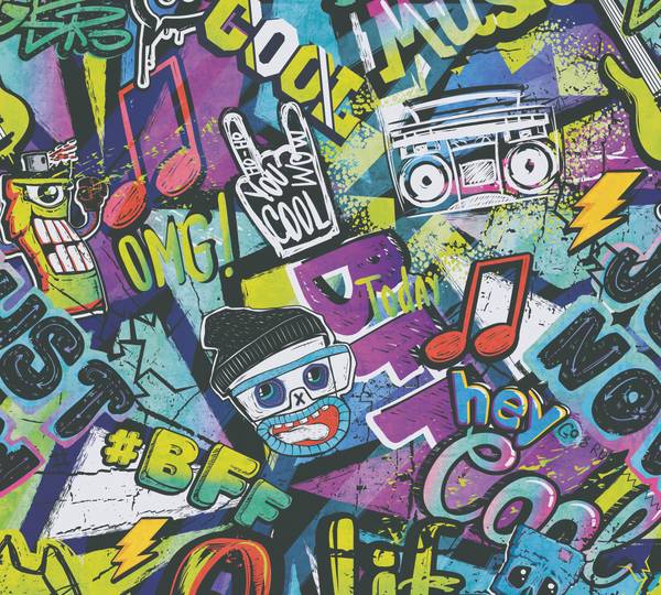 Vliestapete 4661 Graffiti Kinder Design Schwarz - Fleece - 53 x 1005 x 1 cm