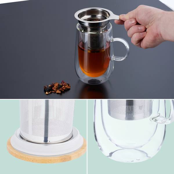 Teeglas mit Sieb und Bambusdeckel Braun - Silber - Borosilikatglas - 9 x 15 x 13 cm