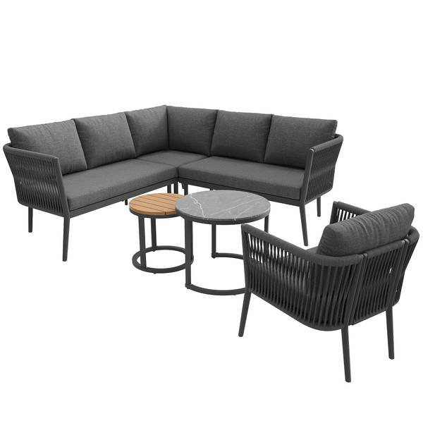 Set lounge jardin Gaia II (6-él.) Gris - Verre - Métal - Matière plastique - Textile - 176 x 75 x 176 cm