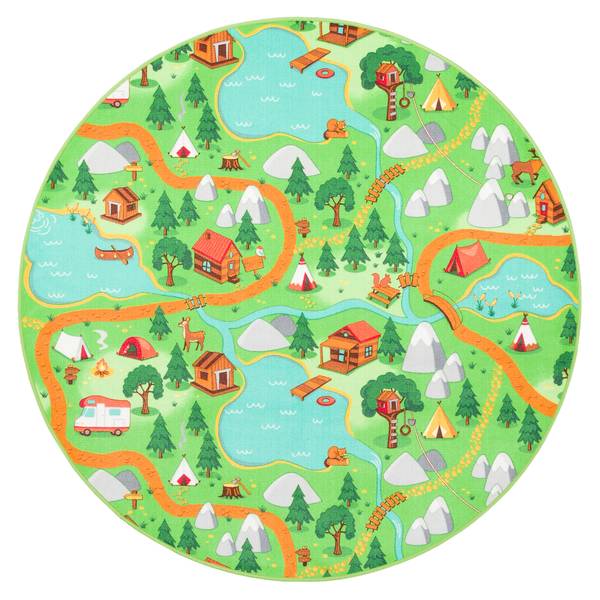 Kinder Spiel Teppich Campingplatz Rund Grün - Textil - 160 x 1 x 160 cm