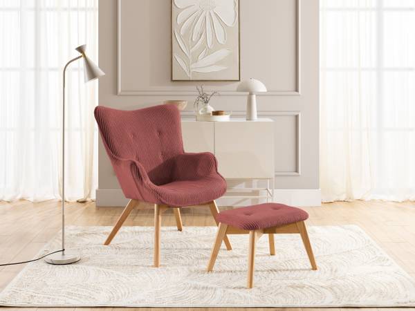 Loungefauteuil met hocker Lenari robijnrood - beukenhouten look