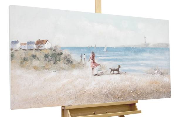 Acrylbild Handgemalt Strände Yuk Beige - Blau - Baumwollstoff - 120 x 60 x 4 cm