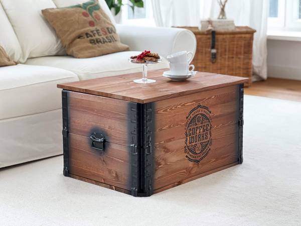 Truhe "Coffee Works" massiv Holz Vintage Braun - Eisen - 80 x 44 x 55 cm