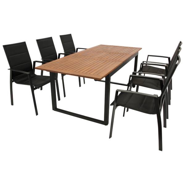 Garnitur RIVELLO 7-teilig Schwarz - Braun - Grau - Akazie - Aluminium - Polyester PVC - 200 x 75 x 90 cm