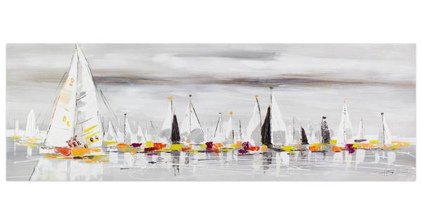 Tableau peint à la main Flotte Voiliers Gris - Coton - 150 x 50 x 4 cm