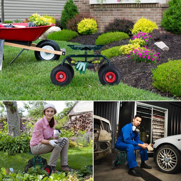 Siège roulant de jardin avec rangement Noir - Vert - Rouge - Acier - 42 x 54 x 81 cm