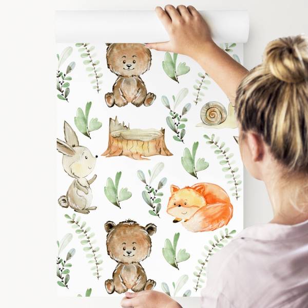 Tapete Waldtiere Pflanzen Natur Beige - Schwarz - Braun - Grau - Grün - Orange - Weiß - Papier - 53 x 1000 x 1000 cm