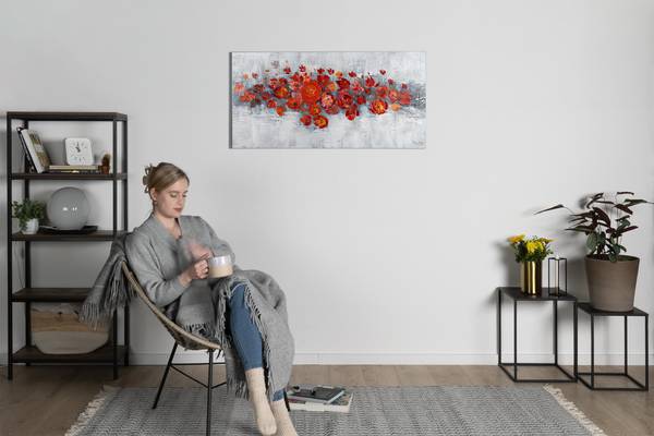 Acrylbild Handgemalt Rosen Sin Grau - Rot - Baumwollstoff - 120 x 60 x 4 cm