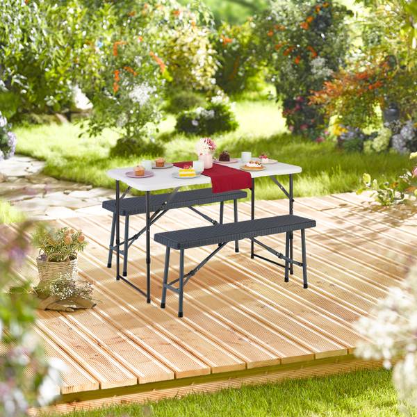 Banc De Jardin 3 Places Avec Table Pliante Intégrée – Relaxdays – Acier Noir Robuste – Idéal Terrasse, Balcon, Extérieur – 150 X 90 X 57,5 Cm