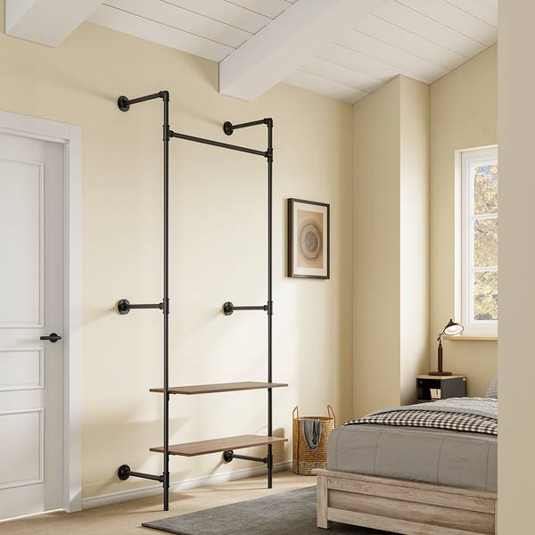 Kleiderstange Wandgarderobe KLS20-SCH Schwarz - Metall - Massivholz - 48 x 220 x 92 cm