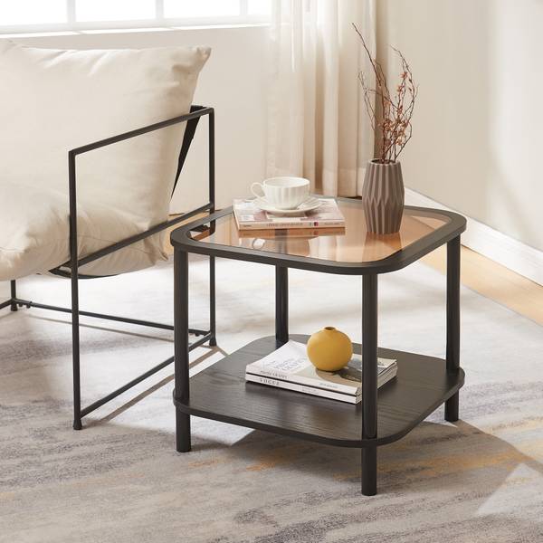 Table d'appoint Latama Noir - Marron - Bambou - Bois manufacturé - Verre - 51 x 45 x 51 cm