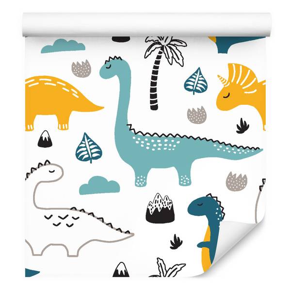 TAPETE Junge Dinosaurier Blätter Berge Schwarz - Blau - Weiß - Papier - 53 x 1000 x 1000 cm