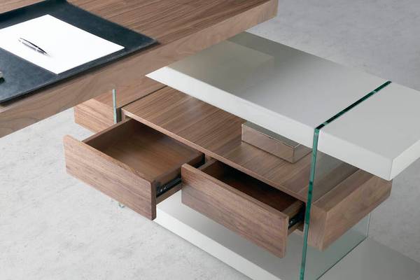 Bureau 3003 Marron - Gris - Noyer - Cristal - Verre de sécurité - 140 x 75 x 127 cm