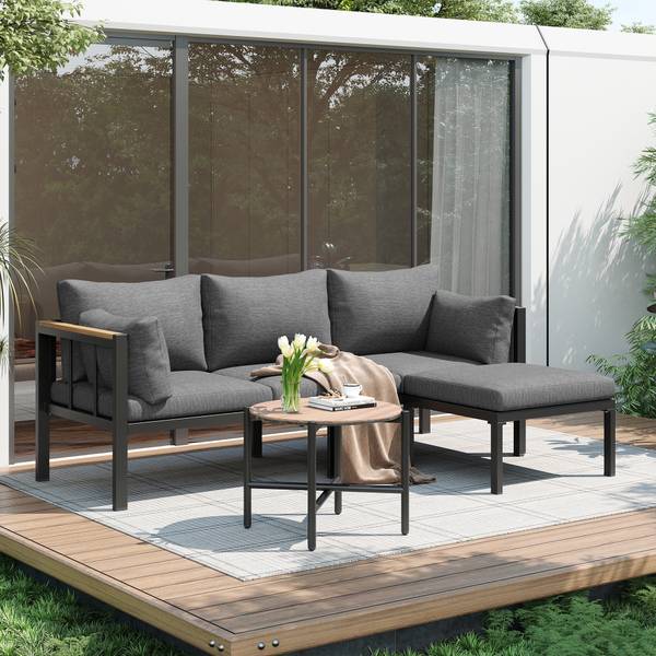 Gartenmöbel-Set WoodyMeta 3-teilig Grau - Glas - Metall - Kunststoff - 183 x 63 x 121 cm