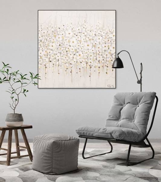 Acrylbild Handgemalt Blüten Oz Schwarz - Baumwollstoff - 80 x 80 x 4 cm