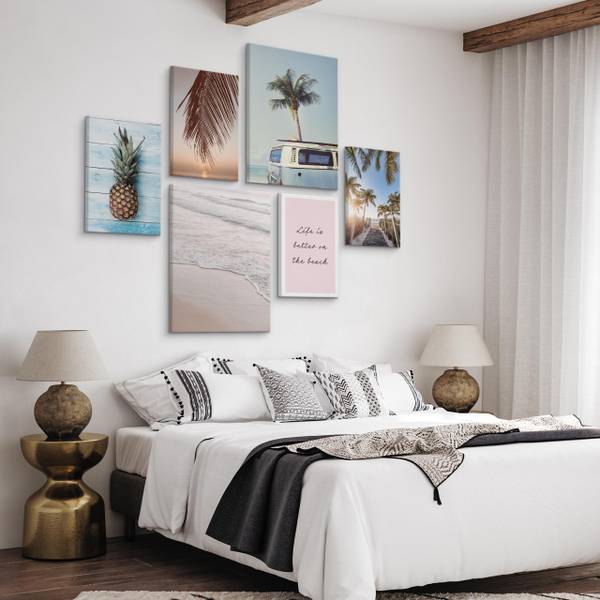 Set De Tableaux Mer Palmiers Nature 3D Beige - Bleu - Marron - Lin - 90 x 80 x 80 cm