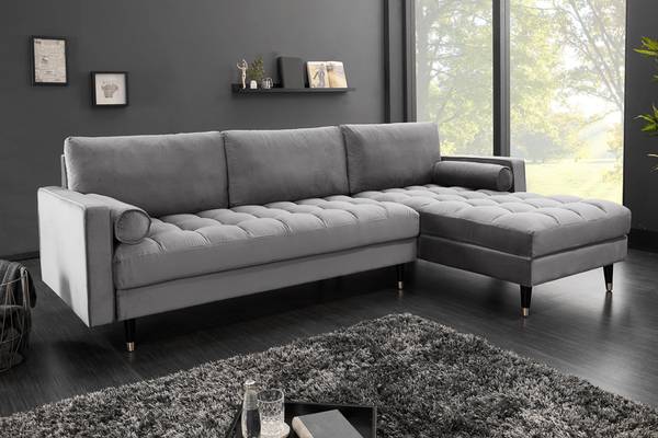 Ecksofa COZY VELVET Grau - Polyester - Samt - Eukalyptus - Gummibaum - 260 x 85 x 83 cm