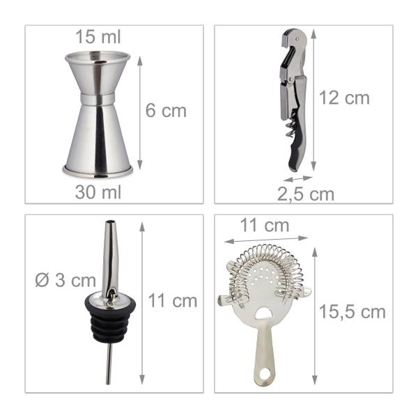 Cocktail Set 11-teilig Edelstahl Schwarz - Braun - Silber - Bambus - Metall - 28 x 26 x 11 cm