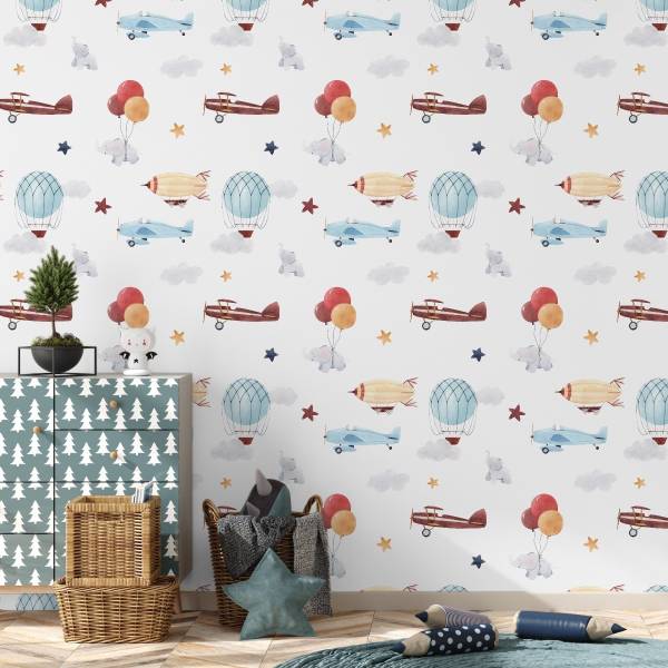 Tapete Flugzeuge Ballons Wolken Sterne Beige - Schwarz - Blau - Braun - Grau - Rot - Weiß - Papier - 53 x 1000 x 1000 cm
