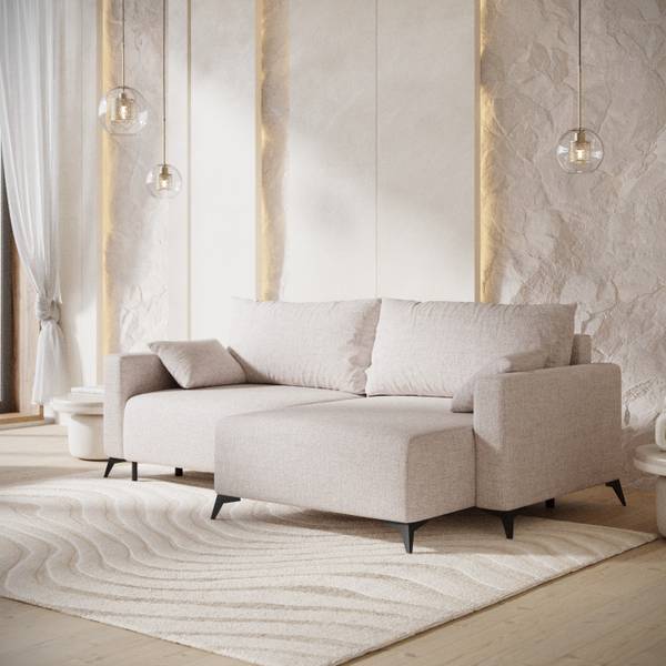 Ecksofa NUVIO mit Schlaffunktion Hellbeige - Armlehne beidseitig montierbar - Ecke davorstehend rechts - Ottomane davorstehend rechts