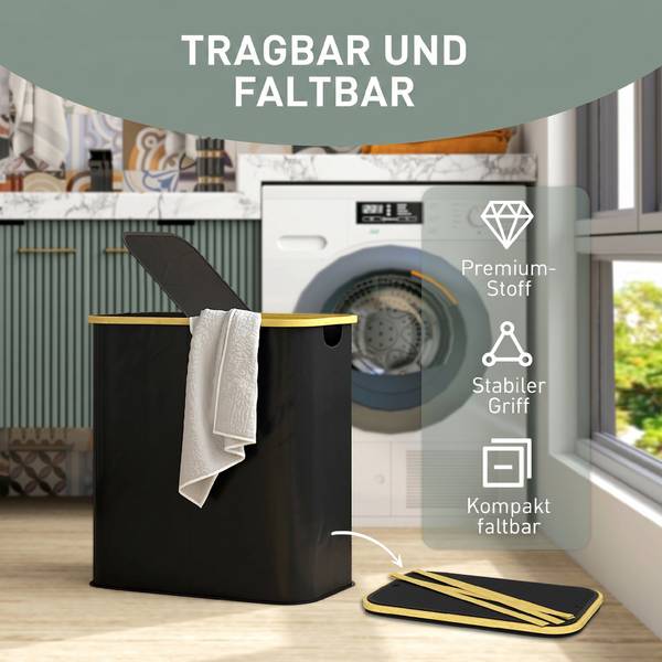 Wäschekorb 850-320V00BK Schwarz - Bambus - 34 x 59 x 54 cm