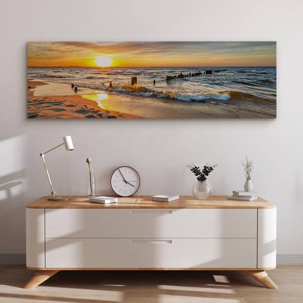 Tableau Coucher De Soleil Paysage 3D Beige - Orange - Jaune - Lin - 145 x 45 x 45 cm
