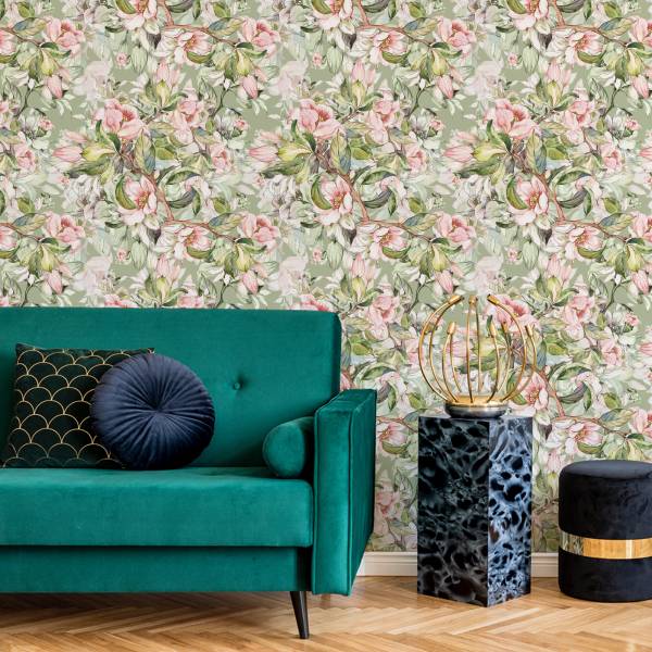 Tapete Frühling BLUMEN Blätter Natur Braun - Grau - Grün - Weiß - Fleece - 53 x 1000 x 1000 cm