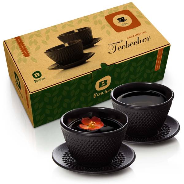2er Set Gusseisen Teetassen+Untersetzer Schwarz - Gusseisen - 11 x 8 x 21 cm
