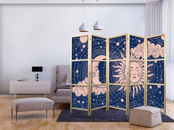 Paravent Sonne Wolken 5-tlg Blau - Pink - Weiß - Holzwerkstoff - Textil - 225 x 172 x 3 cm