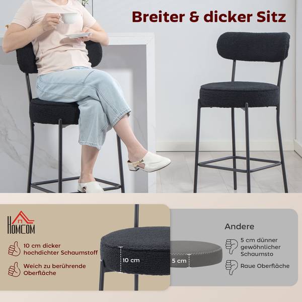 Barhocker 83A-347V00BK 2er Set Schwarz - Fleece - Polyester - 49 x 95 x 52 cm