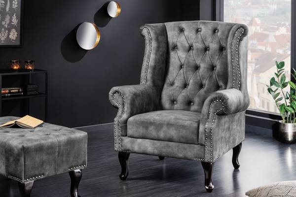 Ohrensessel CHESTERFIELD Grau - Polyester - Samt - 85 x 105 x 75 cm