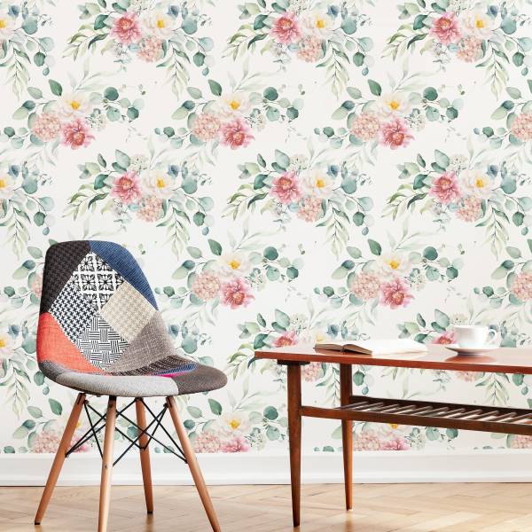 Papier Peint FLEURS Feuilles Eucalyptus Beige - Vert - Rose foncé - Blanc - Polaire - 53 x 1000 x 1000 cm