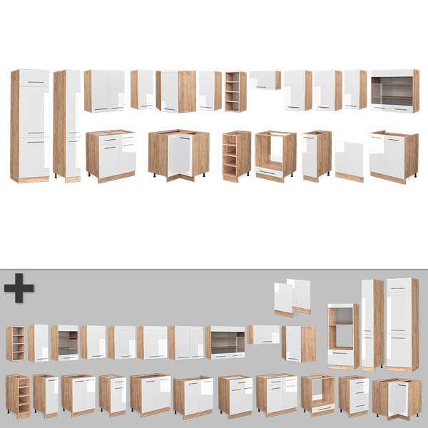Eckküche Fame-Line 47333 19er Set Hochglanz Weiß - Eiche Dekor
