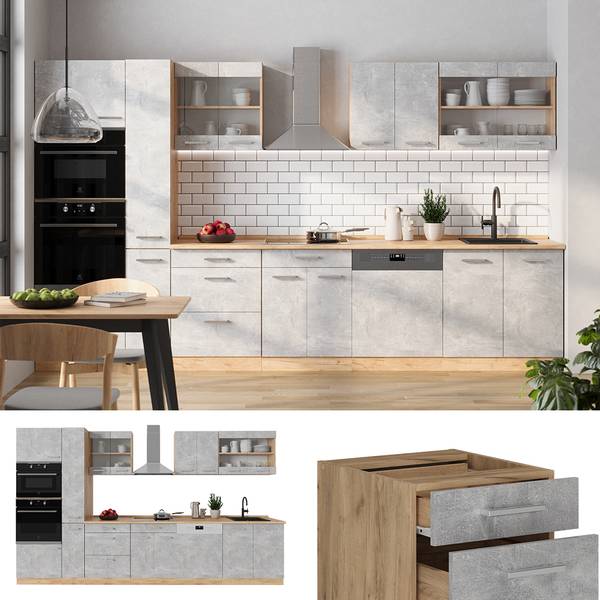 Complete keukeneenheid R-Line 53466 bruin - grijs - chroom - 350 x 82 x 46 cm