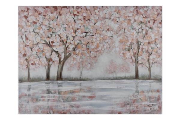 Tableau peint à la main Fleurs Brume Gris - Rose foncé - Coton - 100 x 75 x 4 cm