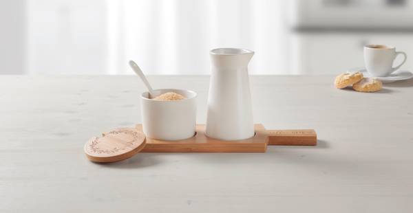 Milch- und Zucker-Set EMILIA Beige - Weiß - Keramik - Naturfaser - 1 x 1 x 1 cm