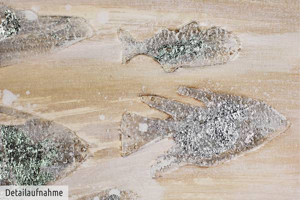 Acrylbild Handgemalt Fische Qo Beige - Baumwollstoff - 100 x 50 x 4 cm
