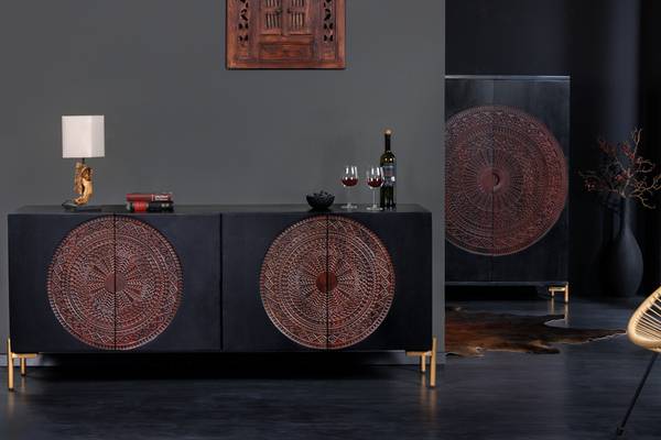 Sideboard MANDALA Schwarz - Braun - Mango - 160 x 76 x 38 cm