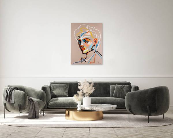 Tableau peint à la main Portrait Elio Beige - Coton - 75 x 100 x 4 cm