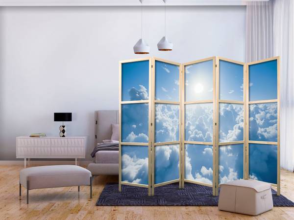 Paravent Wolken Strahlen 5-tlg Blau - Grau - Weiß - Holzwerkstoff - Textil - 225 x 172 x 3 cm