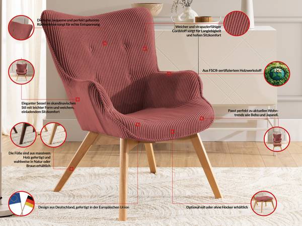 Loungefauteuil met hocker Lenari robijnrood - beukenhouten look