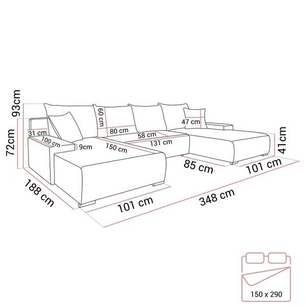 Ecksofa LAVIO U mit Schlaffunktion Braun - Polyester - 348 x 93 x 188 cm
