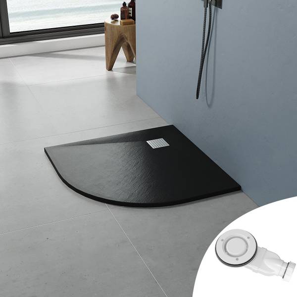 Duschwanne Viertelkreis +Ablaufgarnitur Schwarz - Kunststoff - 90 x 4 x 90 cm