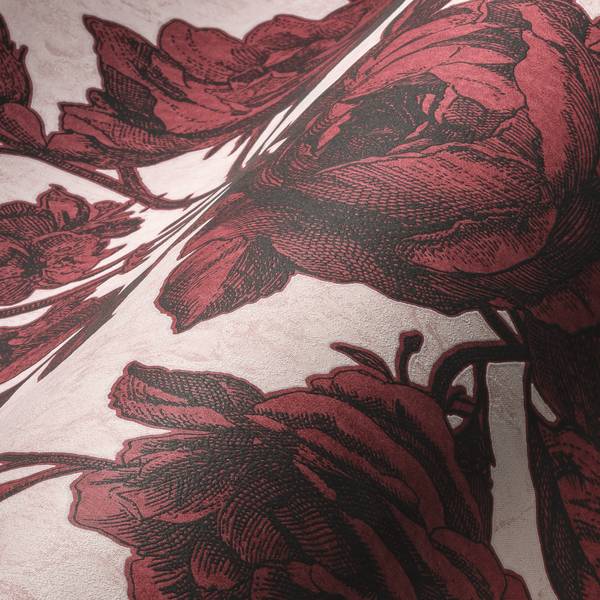 Romantische Blumentapete Rosen Rot Rosé Schwarz - Rot - Rosé