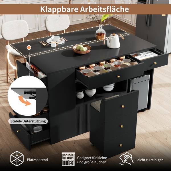 Kücheninsel mit Barhocker Thetis Ⅵ Schwarz - Holzwerkstoff - Metall - 70 x 91 x 140 cm
